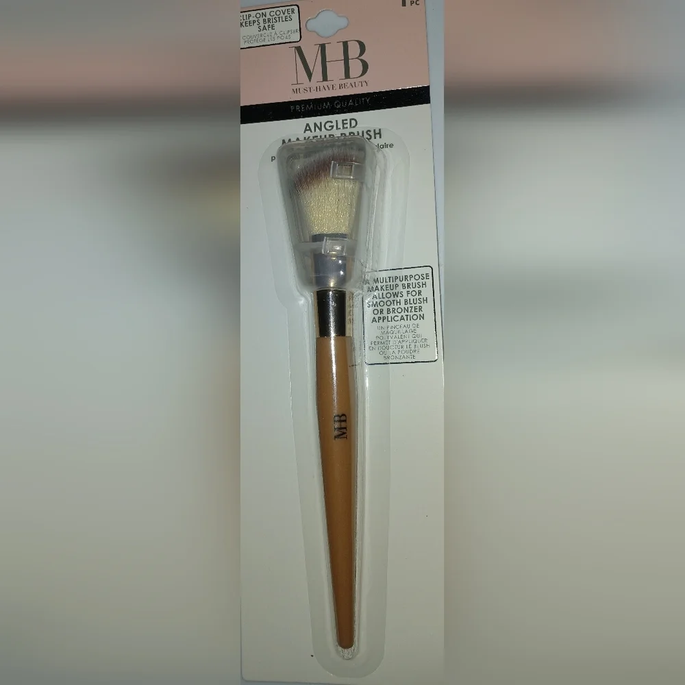Angled Multipurpose Makeup Brush - Tan Handle, White Bristles